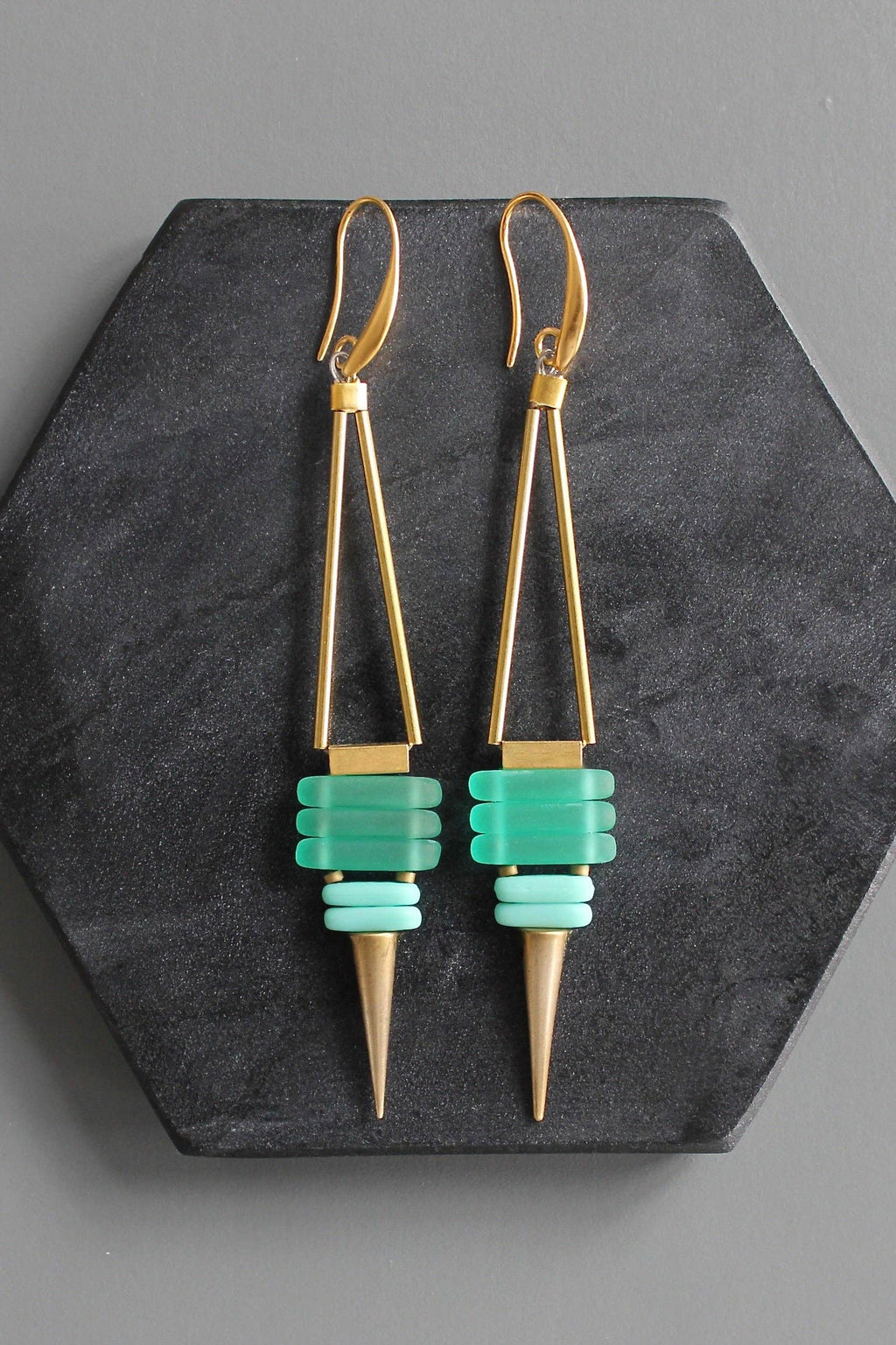 KYLE75 green and turquoise geometric spike earrings