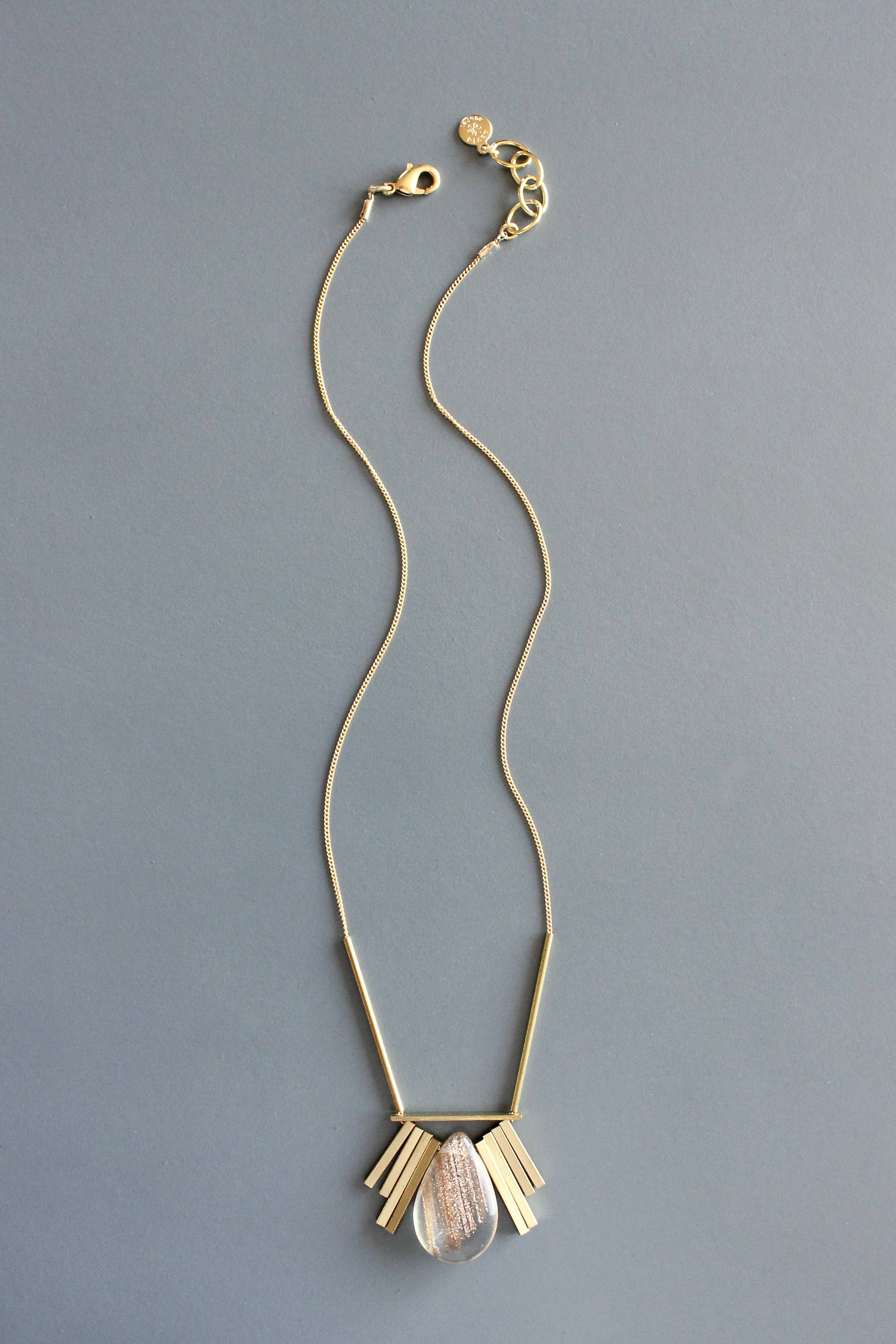 MLN716 Quartz and brass Artdeco necklace