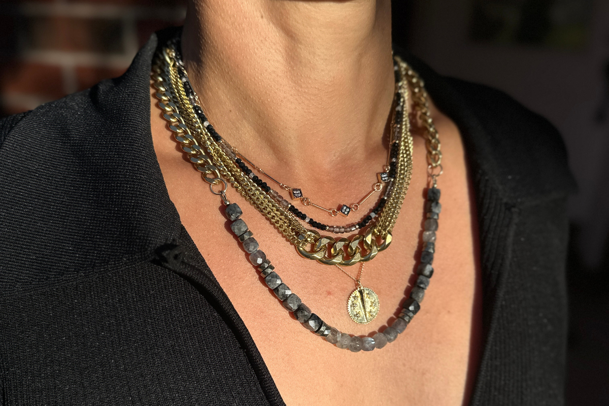 RN-LABRADORITE & LARVIKITE CUBES | CURB NECKLACE