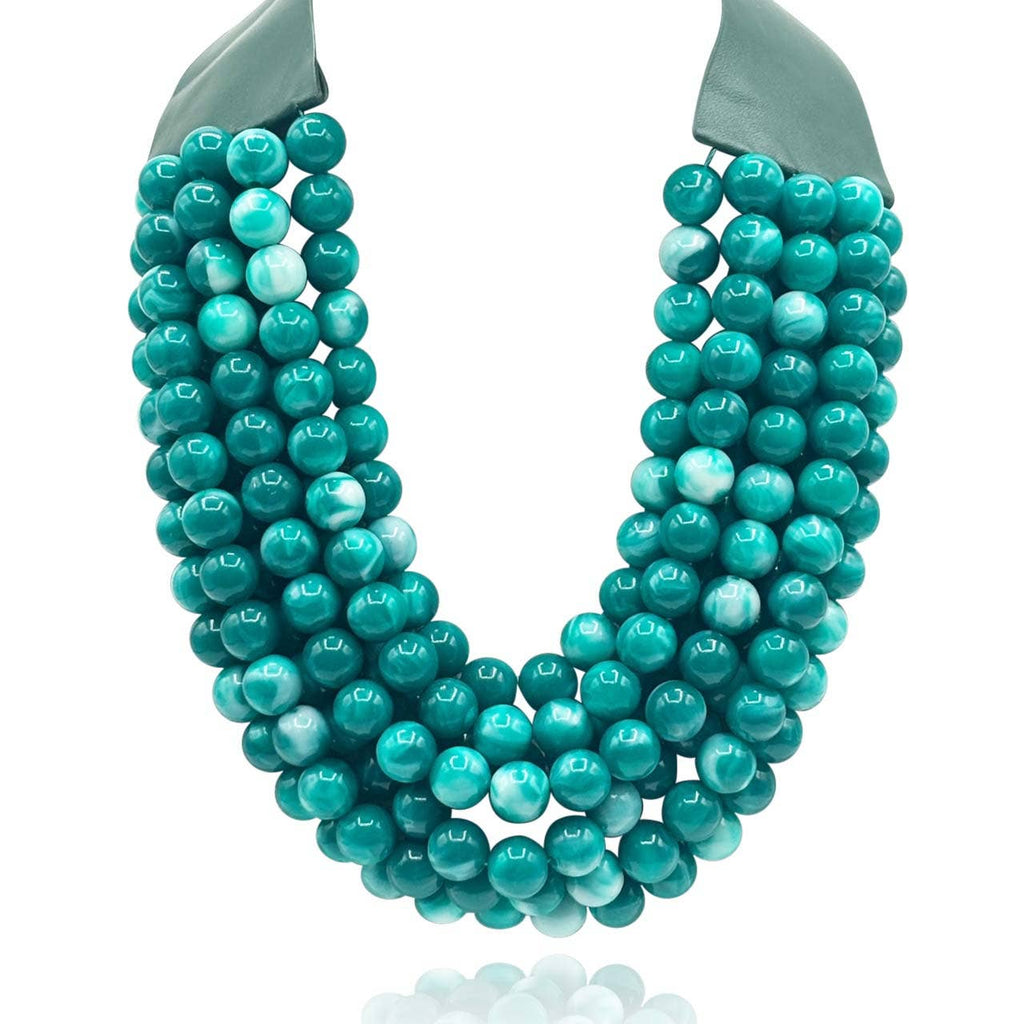 Isadora Multi Shades Of Turquoise Multi Strand Resin Necklace With Ivory Vegan Adjustable Clasp