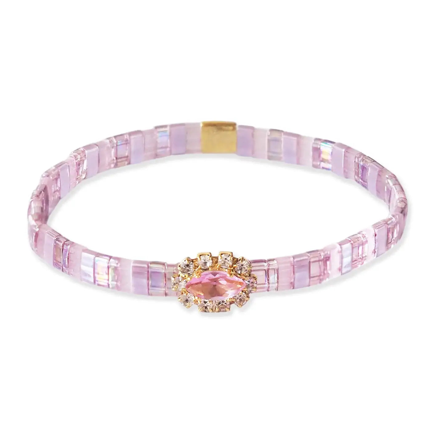 Handmade Tila Bracelet With Oval Stone Center: Pink