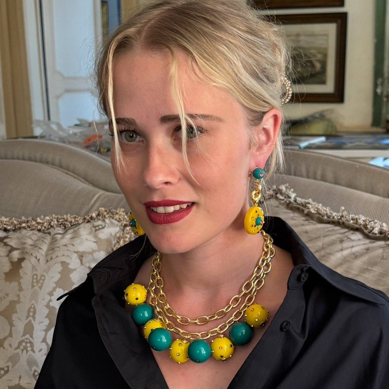 Valentina Jade And Amber Resin Studded Pierced Earrings