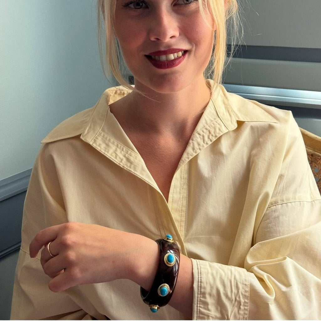 Renee Bangle In Tortoise Resin And Turquoise Stones
