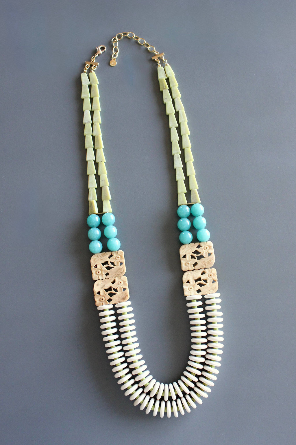 MLN126 Double strand carved buffalo bone and jasper long necklace