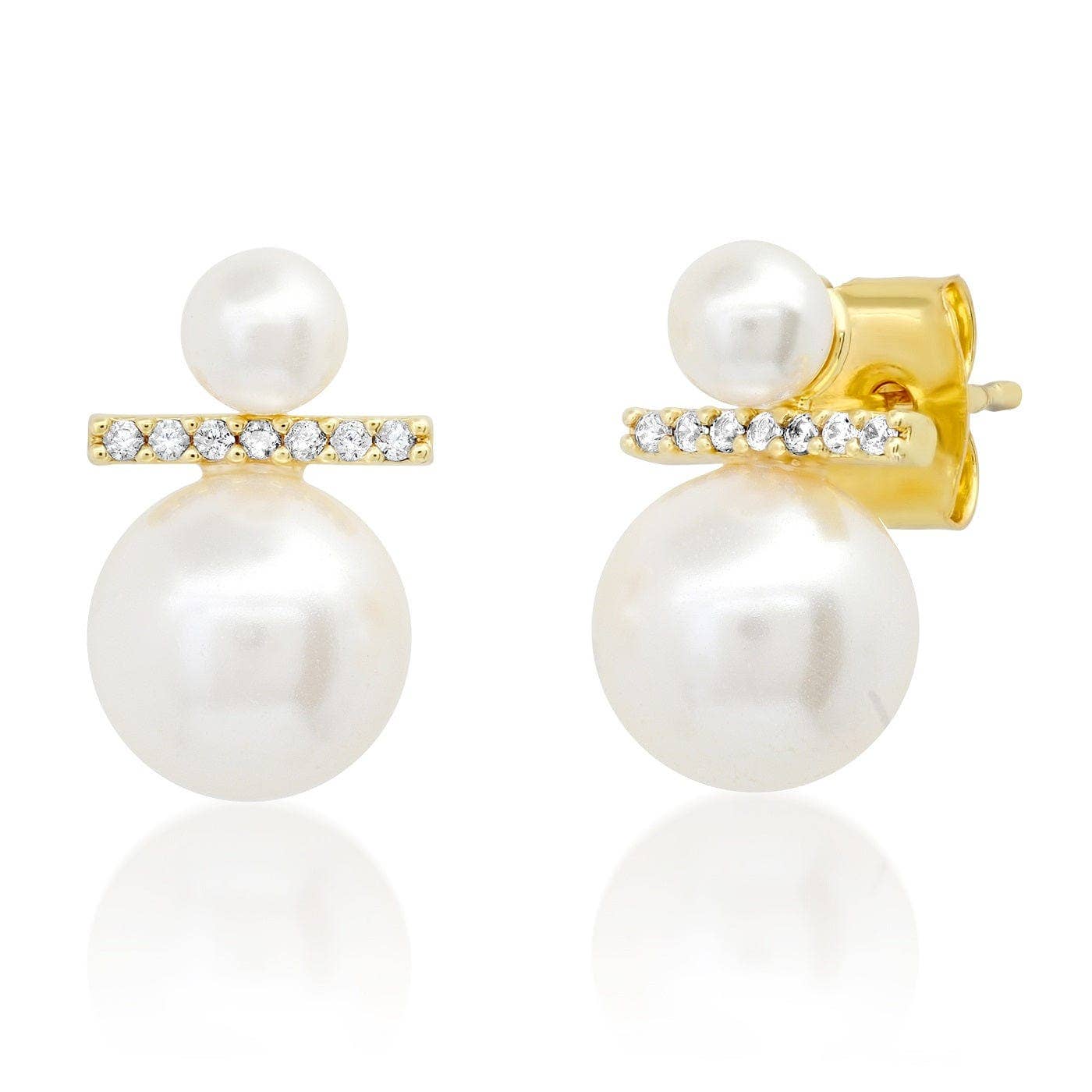 Double Swarovski Pearl And CZ Modern Studs: Gold