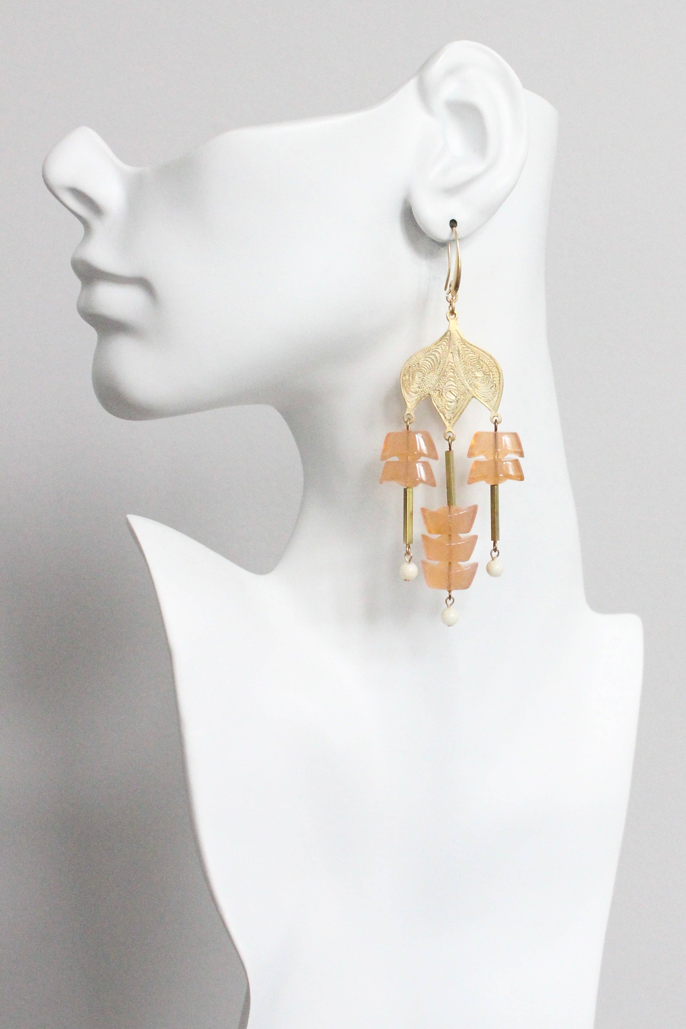 MLNE58 Peach glass and gold plate chandelier earrings