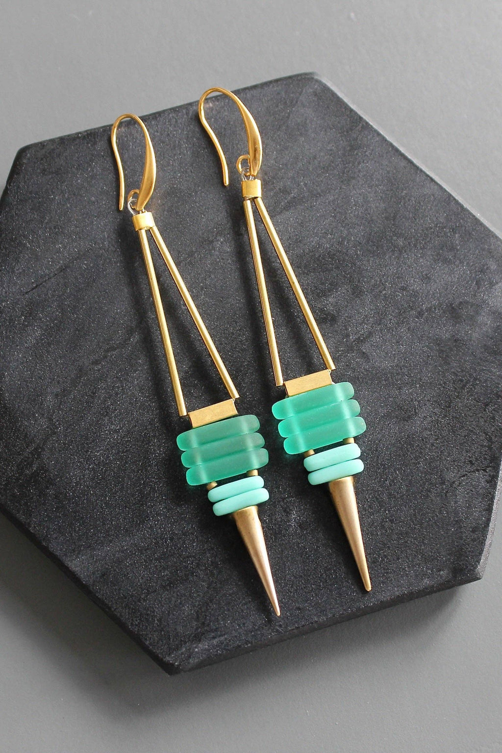 KYLE75 green and turquoise geometric spike earrings