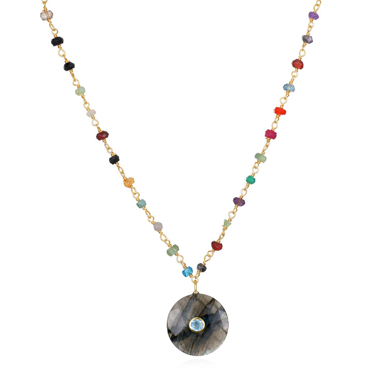Labradorite Statement Coin Rainbow Necklace : 16-18"