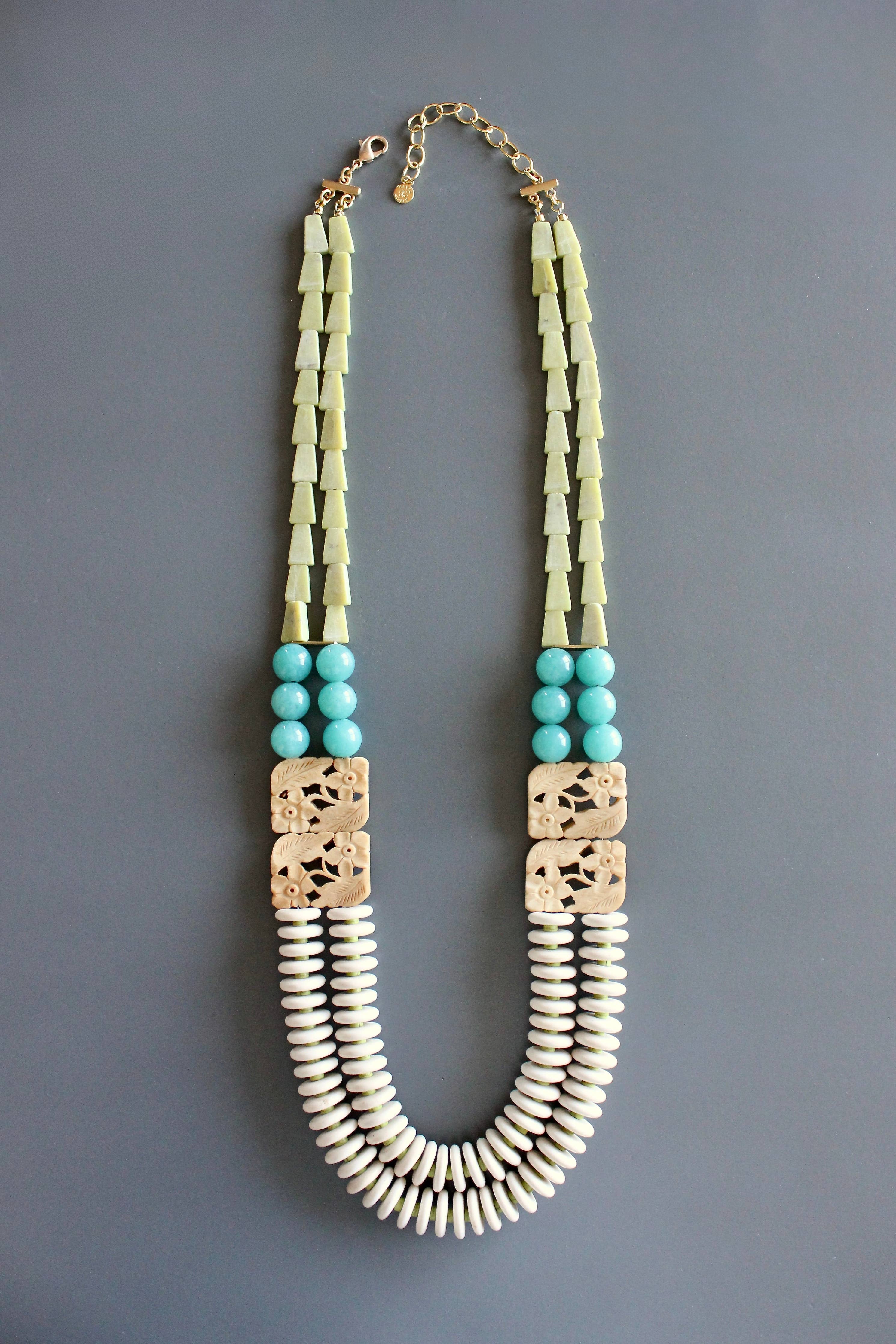 MLN126 Double strand carved buffalo bone and jasper long necklace