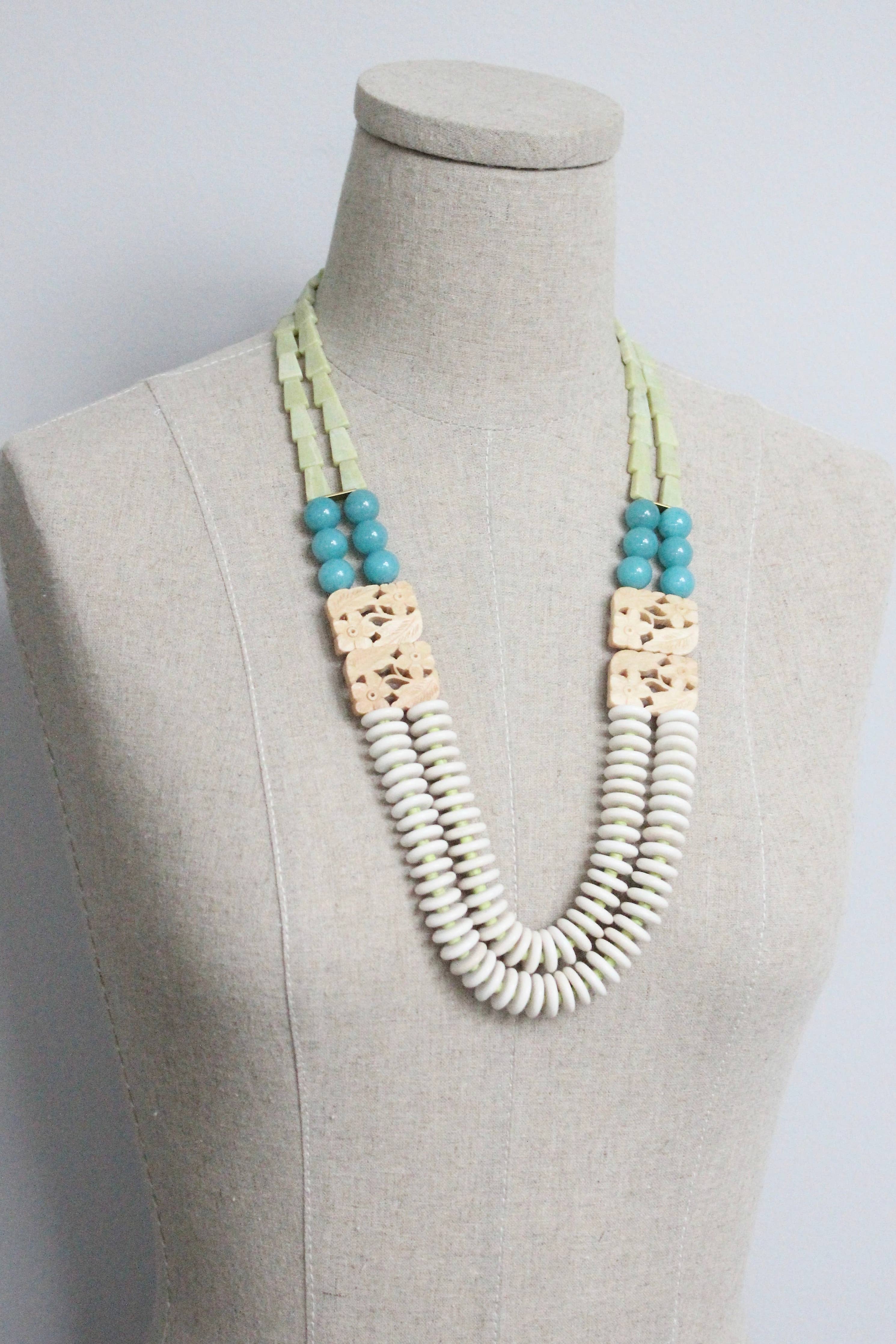 MLN126 Double strand carved buffalo bone and jasper long necklace