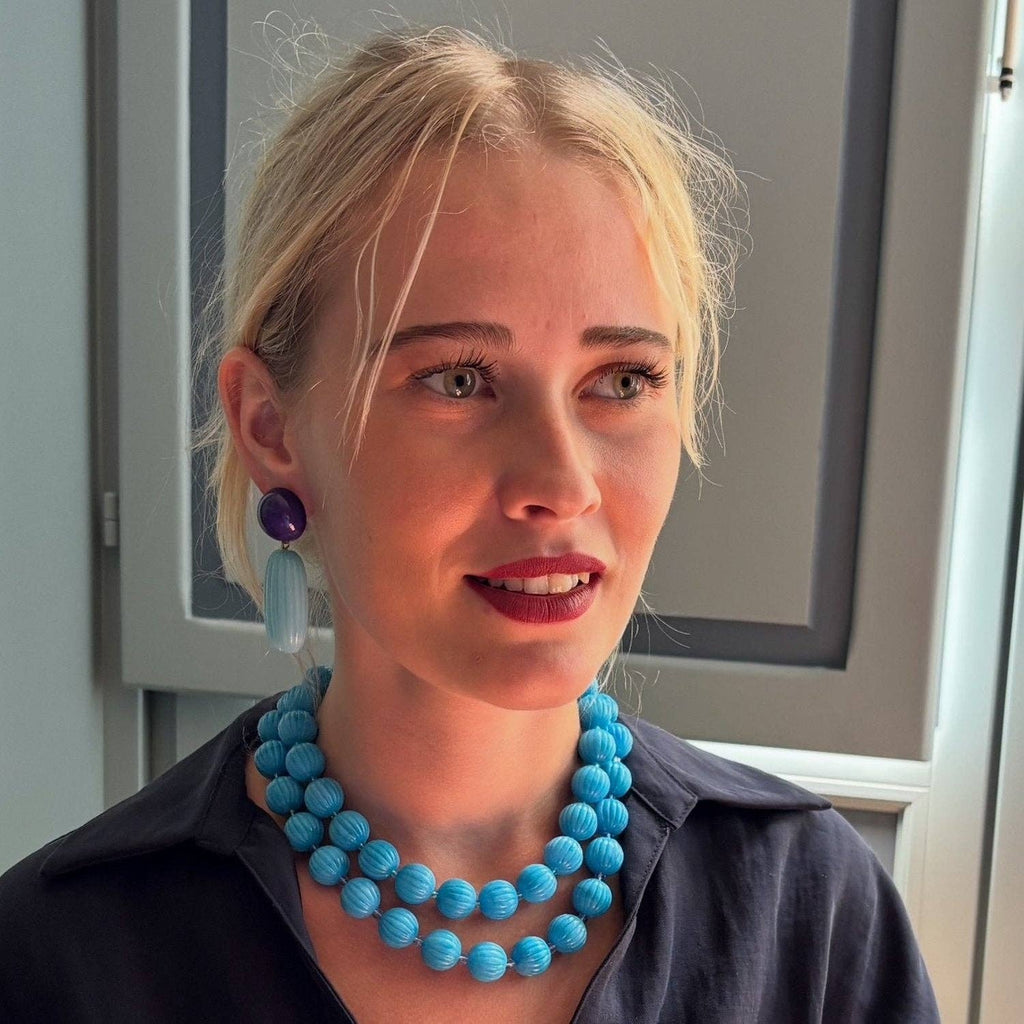 Vicenza Turquoise Carved Seventeen And One Half Inches  Melon Bead Necklace