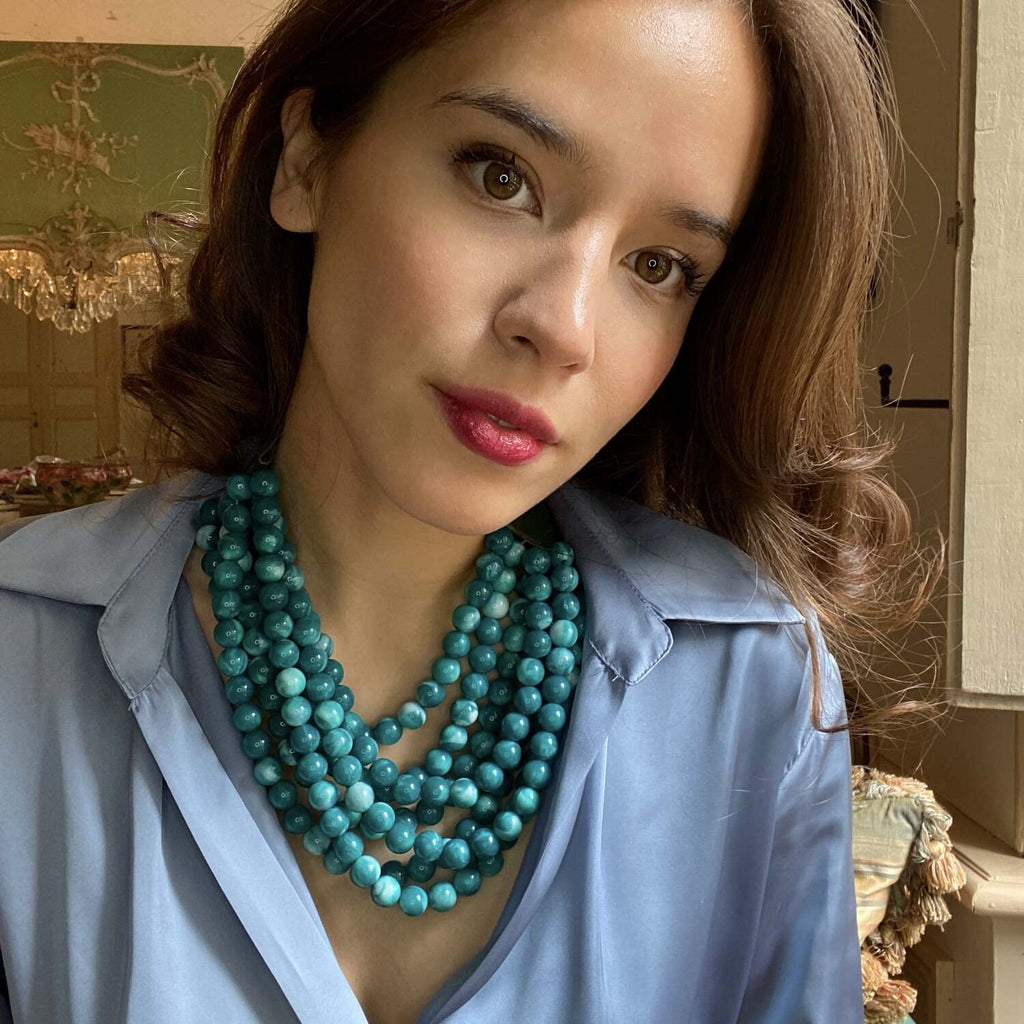 Isadora Multi Shades Of Turquoise Multi Strand Resin Necklace With Ivory Vegan Adjustable Clasp