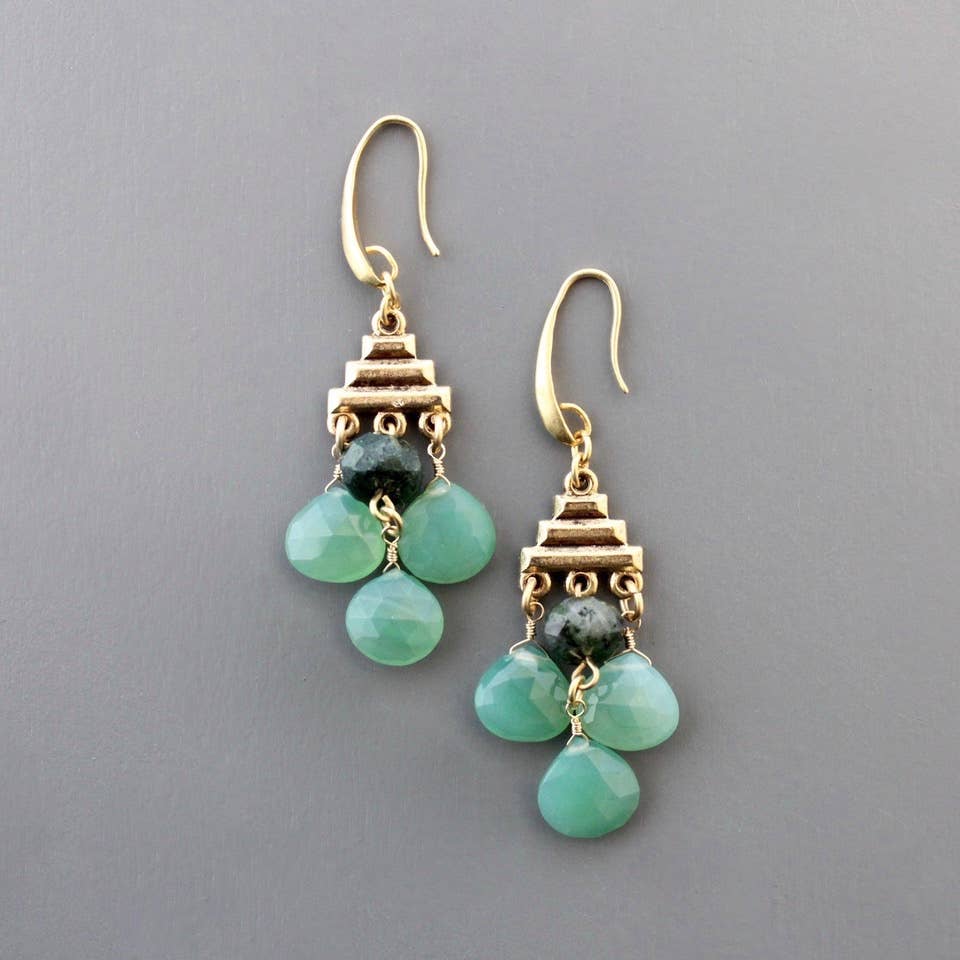 MDSE13 Geometric green chalcedony earrings