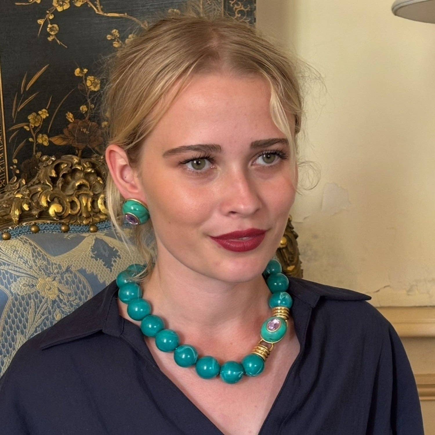 Caroline Malachite Resin Necklace with Pink Faceted Stone Clasp